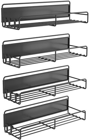 Gewürzregal Magnetisch,4er-Pack Magnet Regal mit 10Haken,Platzsparend für Kühlschrank und Mikrowelle, Schwarz