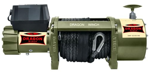 DRAGON WINCH Elektrische Seilwinde 24V Truck 22000 lbs / 9979 kg mit Synthetikseil 21m für Feuerwehren, Nutzfahrzeugen, Lieferwagen mit kabelgebundener und kabelloser Fernbedienung + Winde Zubehör