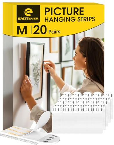 Emitever Picture Hanging Strips 20 Pair (40 Strips, M) Holds Up to 5.4 kg, No Nails Wall Hanging Strips for Frames, Photos, Mirrors, Wall Decor