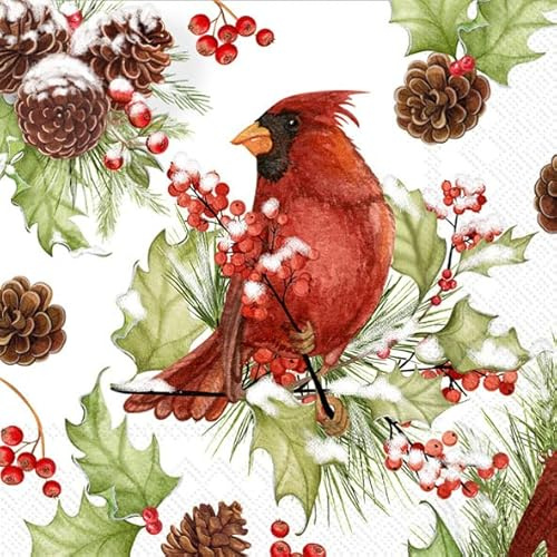 IHR Ideal Home Range Cocktail Napkins Disposable 3-Ply Paper Party Napkin Pack, 5 x 5, Cardinals In Holly, 20-Count