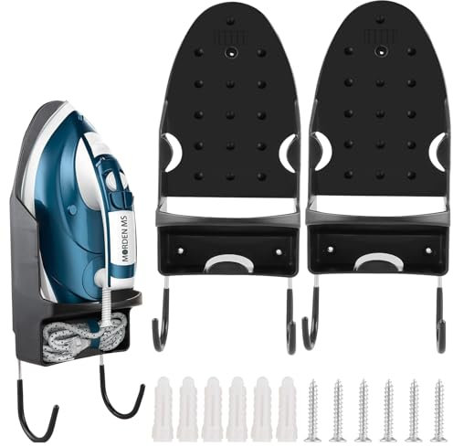 APACALI 2 Pack Iron Holder Wall Mount, Iron Board Holder Wall Mount, Black Ironing Board Hanger, Ironing Board Holder for Bathroom, Shelf Door, Laundry Room