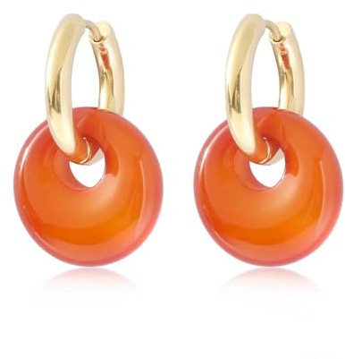 Edelstein Ohrringe Damen,Klassische Baumelnde Damenohrringe Mit Doppelring, Goldenem Finish Und Karneol-Glücksanhänger Für Frauen