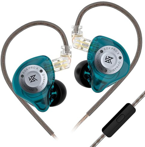 Linsoul KZ EDX Pro X i öronhörlurar, enkel dynamisk drivrutin hiFi in-ear monitor med ergonomisk form, trådbunden spelöronsnäcka, avtagbar kabel för audiophile (cyan, med mikrofon)