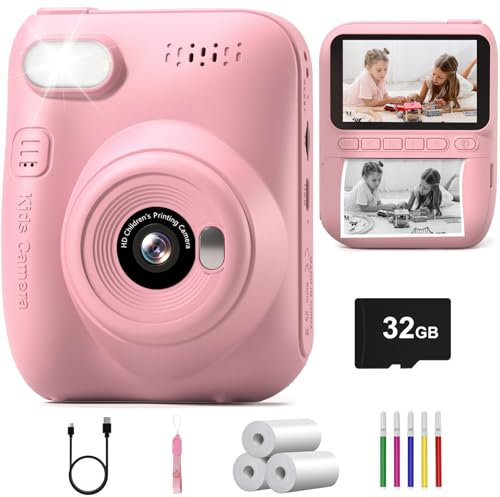 Hangrui Kids Camera Instant Print,3.0'' 1080P Kids Instant Print Camera with 32G Card,3 Rolls Printing Paper and 5 Color Pens, Gift Toy for Girls Boys 3-12 Years Old -Pink