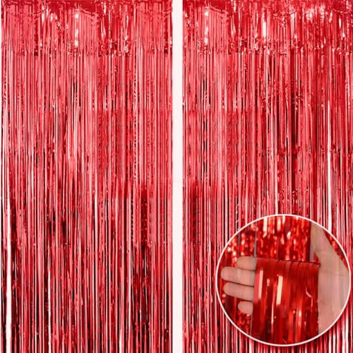 Yowlens Tinsel Curtain - 2pcs 3.2ft x 6.5ft Tinsel Curtains Pastel Foils Fringe Party Decoration Background Door Curtains Hanging Streamers for Birthday Child School Party (Red)
