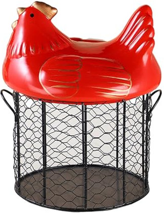 Marooma Chicken Keramik-Eieraufbewahrungskorb Fasst Etwa 50 Eier, Eierkorb Zum Sammeln Frischer Eier, Organizer-Etui, Behälter, Eieraufbewahrungskorb aus Schwarzem Metallgeflechtdraht(Rot)