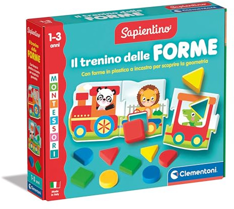 Clementoni Sapientino Montessori - Il Trenino delle Forme, Gioco Educativo per Bambini 1-3 Anni, Puzzle a Incastro per Riconoscere Gli Animali e la Geometria, Made in Italy, Lingua Italiana, 16865