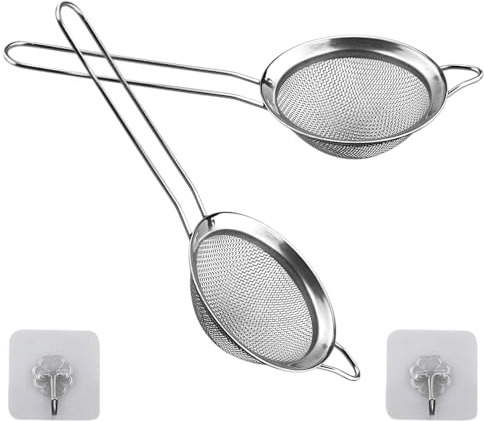 2 Pcs Small Stainless Steel Fine Mesh Strainers with Kitchen Hooks,8 cm Diameter Mini Fine Mesh Sieve Tea Strainers Kitchen Colander Sieve with Handle - Ideal for Juice Egg Tea Coffee Flour Filter