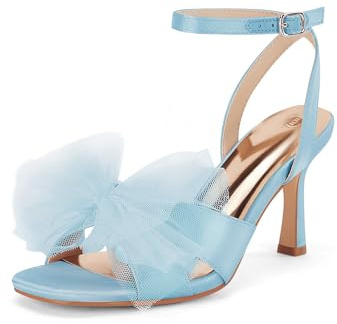Coutgo Womens Lace Bow Heels Sandals Open Square Toe Stiletto High Heel Ankle Strap Bride Wedding Dress Shoes, Sky Blue, Size 7