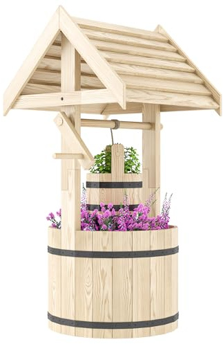 Outsunny Wooden Wishing Well Planter with Adjustable Hanging Bucket, Rustic Wishing Well for Outside, Decorative Flower Planter with Drainage Hole for Garden Patio, Natural Wood