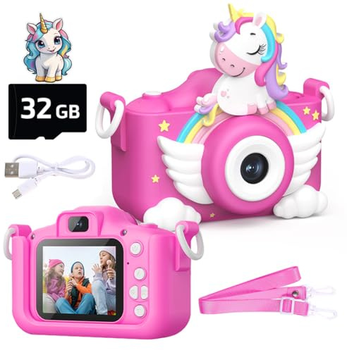 Wembley Kids Camera 3–8 Years | Unicorn Digital Selfie & Video Camera 1080P | Rechargeable Toddler Camera with Games | 32GB Card Included | Silicone Cover | Cute Birthday Gift for Girls & Boys - Pink