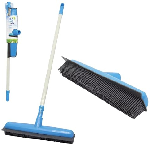 Rubber Broom with Telescopic Handle and Built-in Squeegee Pet Hair Removal Brush for Carpet Hardwood Tile Artificial Grass Long Handle Floor Cleaning Tool for Indoor Outdoor Use