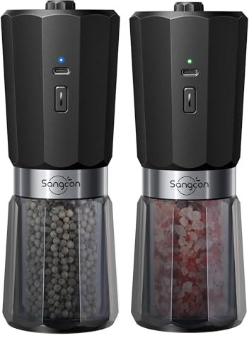 Sangcon Juego de molinillo eléctrico de sal y pimienta de gravedad de 2 velocidades, molinillo de pimienta recargable de gran capacidad de 800 mAh, 5 niveles de grosor ajustable externamente, molienda