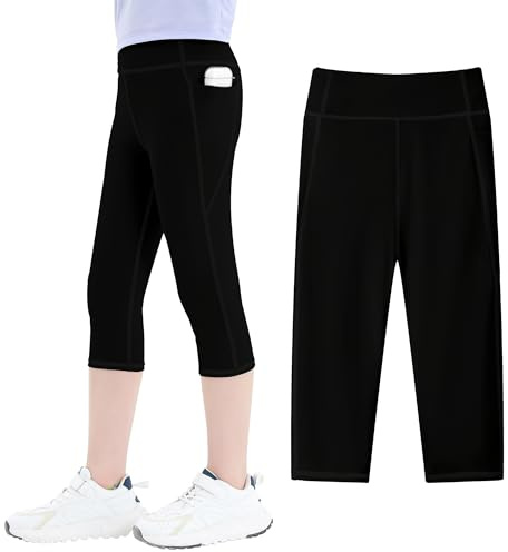 JinBei Sport Leggings Mädchen Capri 3/4 Sporthose mit Taschen Hohe Taille Kinder Yogaleggings Trainingshose Knielang Jogginghose Elastisch Schwarz Legging für Fitness Gym Tanz, GR.134-140