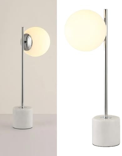Alpinaluz Lámpara de Mesa con Base de Mármol Natural y Estructura de Metal Cromado – Pantalla Esférica de Cristal Opalino – Estilo Minimalista Decorativo – Casquillo E27 – Cable con Interruptor