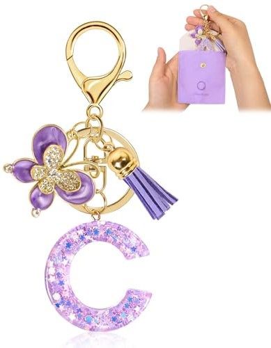Porte Clé Personnalisé Lettre – Cadeau Adolescente Fille pour Anniversaire ou Fête, Porte Clef Femme avec Pompon et Papillon, Porte Clef Voiture Élégant et Unique(C)