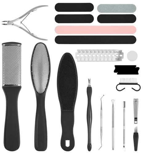 Alaoo 30 in 1 Foot File Pedicure Set, Includes 3Pcs Foot Files, 1Pcs Hard Skin Remover and 10 Replacement Heads for Wet & Dry Use Heel Care Scrubber Kit for Women Men Salon or Home, Black
