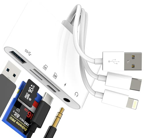SD Card Reader for IPhone 16 15 14 13 Pro Max Adapter (5in1) Lightning USB Type C to OTG Hub Digital Camera Accessorie Memory Stick for Apple Transfer Cable for IPad Flash Drive Compatible for Samsung
