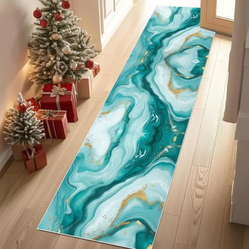 Meugesoi Moderne Türkis Marmoriert Teppich Flur Läufer 60 X 240 cm Goldenen Adern Teppichläufer Küchenläufer Teppiche rutschfest Waschbar für Bettvorleger Flur Küche Waschküche