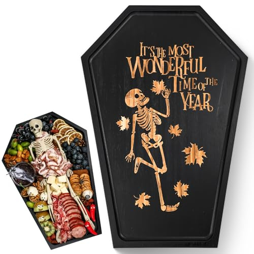 Webake Large Coffin Charcuterie Board - New Skeleton Design, 16.5 x 11.5 Spooky Serving Tray for Ample Food Display, Halloween Wooden Meat & Cheese Board, Perfect Spooky Gothic Decor