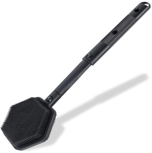 HAYSNA 21 Inches Silicone Back Scrubber for Shower - Extendable Long Handle Shower Brush - Exfoliating Body Scrubber with Stiff and Soft Bristles - Back Brush for Shower Men & Women (Black)