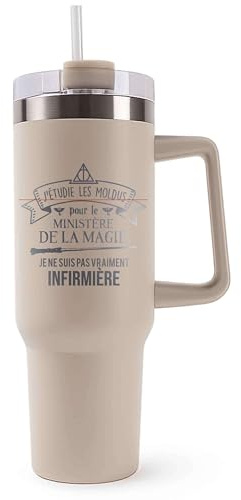 Mug Isotherme 1,2L - Infirmiere Ministere Magie Ministère Magie Beige – Bouteille avec Anse, Paille et Couvercle – Idée Cadeau Gourde Personnalisée
