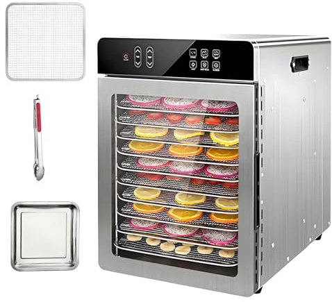 QFGain DéShydrateur Alimentaire Domestique Et Professionnel - 800 W, 6 Menus PréRéGléS, SéChoir éLectrique avec éCran Tactile LED, 10/12/16 Plateaux pour Fruits, Viandes, LéGumes Et Friandises 10Tray