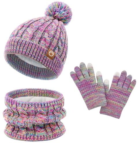 Kinder Winter Pom Beanie Hut Schal Handschuhe Set, Kleinkind Mädchen Warm gestrickte Fleece Futter Slouchy Cap für 3-10 Jahre