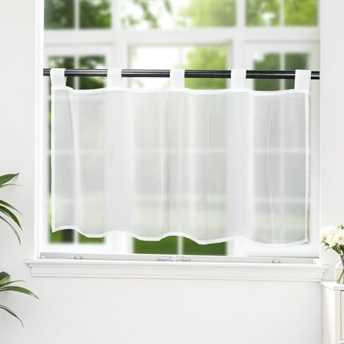 LUKDUNG Scheibengardinen Voile Bistrogardine, Kurzstore Gardine Transparente, Kurzvorhang mit Schlaufen, Küchen Vorhang, Kurzgardine Gardine Stores, Weiß, 1er Pack, HxB 30x90cm