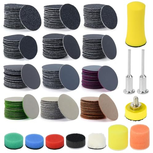Zuxbolf 180 Piezas Papel de Lija Kit,1/8 Inch Discos de Lija Grano Cada 60/80/100/150/240/400/800/1200/2000/3000/5000/10000 Lija Circular con 6 Almohadillas para Pared,Techo,Lijadoras,Carpintería