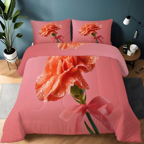 Goose Feather Down Comforter Fluffy Carnation Greeting Card Design Elegant Reversible Duvet Insert All Seasons Down Blanket Luxurious Printed Microfiber Soft Down Duvet All Season Quilt, Queen, Pink