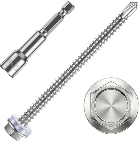 ZKAILCF Tornillos Roscachapas 410 Tornillos Autoperforantes Metal M4.8X70mm 100Stk Cabeza Hexagonal de Acero Inoxidable con Arandela EPDM y Llave de Aaso Impermeable para Chapa Metal y Tejados