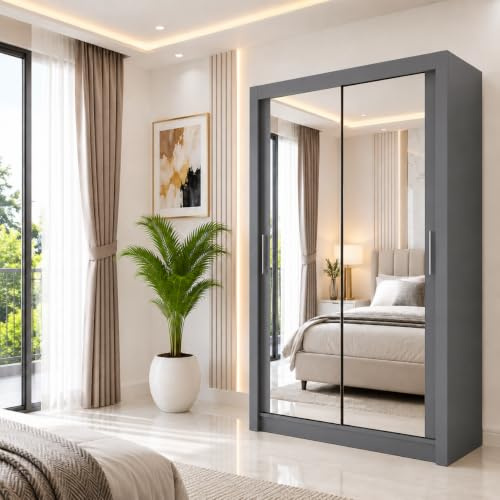 REXwood Furniture Mirrored Sliding Door Wardrobe, Bedroom Storage with Full Mirror Doors, Shelves & Hanging Rails, Modern Flat Pack Design, Black White Grey Oak, 100-250 cm (Grey, 100cm)