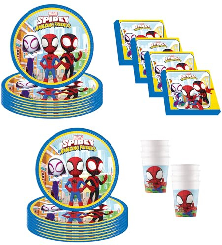 Procos - Decoración de cumpleaños de Marvel Spidey & His Amazing Friends, 52 Piezas, Platos de cartón, Vasos y servilletas para Fiestas Infantiles, vajilla de Fiesta