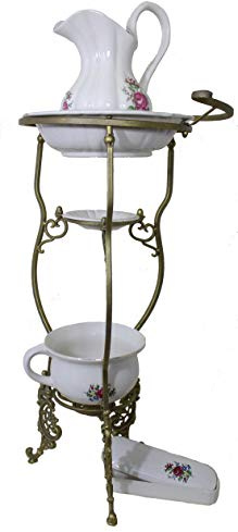 Antik 2000 Waschschüssel Ständer im Barock Stil mit Wasch-Set komplett mit rosa Blumenmuster auch für den Garten