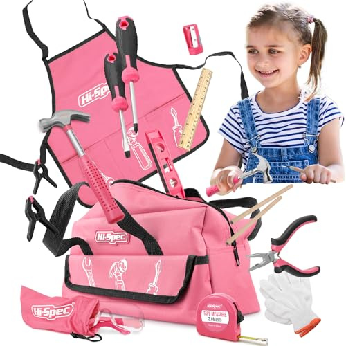Hi-Spec 18pc Pink Kids Tool Kit Set & Child Size Tool Bag. Real Kit for DIY Building, Woodwork & Construction