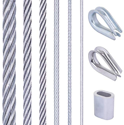 Seilwerk STANKE Corde à linge, Câble d’acier galvanisé gainé (couche PVC) 50m 6x7 3mm, 4x Manchon de serrage, 2x Cosse-cœur en acier inoxydable