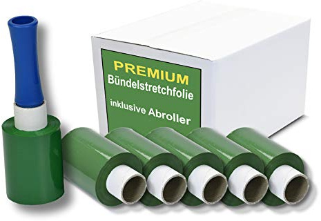 SET Mini Stretchfolie - 100 mm breit - 150 m je Rolle - Bündelstretchfolie/Handystretchfolie - Ministretchfolie Plastic Wrap Wickelfolie transparent zäh & reißfest (Grün, 6 Rollen + 1 Abroller)