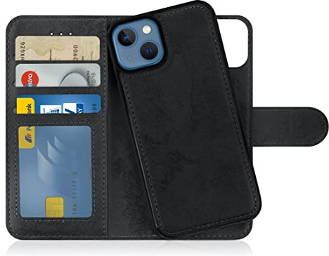 MyGadget Flip Case für iPhone 13 - [ abnehmbare Magnet Hülle ] - Handyhülle aus Kunstleder - [ Klapphülle mit Kartenfach ] Schutzhülle in Grau Schwarz