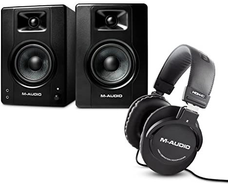 M-Audio Bundle - BX4 4.5 Studio Monitor Speakers and Over Ear Studio Headphones for Recording, Mixing and Streaming with Music Production Software