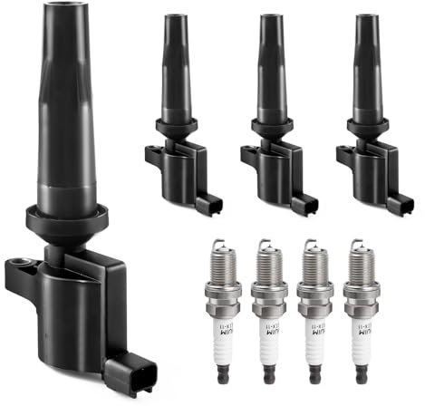 Ignition Coil Pack Spark Plugs Combo fit for 2.0 2.3 Ford Escape Focus Transit Connect 2004 2005 2006 2007 2008 2009 2010 2011, 04 05 Mazda 3 6 Tribute Mercury Mariner, FD505 DG504, 4pcs