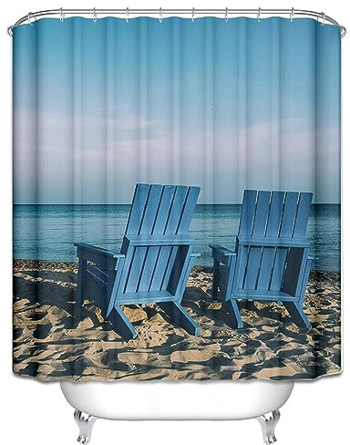 Homxi Duschvorhang Ösenringe,90 W x 180 H cm,Blau Duschvorhänge Strand und Liegestühle Duschvorhang Polyester Duschvorhangringe Plastik