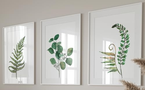 Eviepops Prints Large Green Ferns Wall Art Set of 3 Unframed Prints, Abstract Tropical Plant Decor, Living Room Bedroom Bathroom Poster Home Decor, Green Leaves Plant (A3)