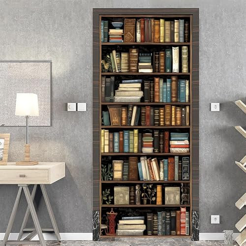 Türtapete Selbstklebend 86x200 cm Türfolie Selbstklebend Vintage-Bücher Türaufkleber Türposter Retro-Bücherregal Türsticker Fototapete 3D Effekt für Schlafzimmer Wohnzimmer Küche 7477A