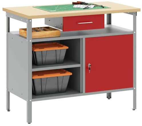 vidaXL Robuste verstellbare Werkbank mit Regalen | Grau und Rot | Schwerer Metalltisch für Bastelräume oder Werkstätten | Werkzeugorganisation | Schließsystem | Basteltisch | Stauraumbank | Modern