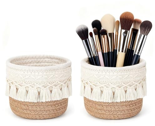 CHUANFU 2 Piezas Organizador de Maquillaje, Mini Cesta Tejida con Borlas