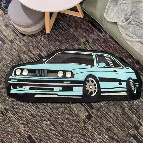 RUILBJM 3D Auto Teppich - Speziell Geformte Bodenmatte für Schlafzimmer, Cartoon Graffiti Carpet, für Balkon Flur Badezimmer Eingangstür Matte, Sportwagen Themen Heimdekoration (Blau,60x160cm)