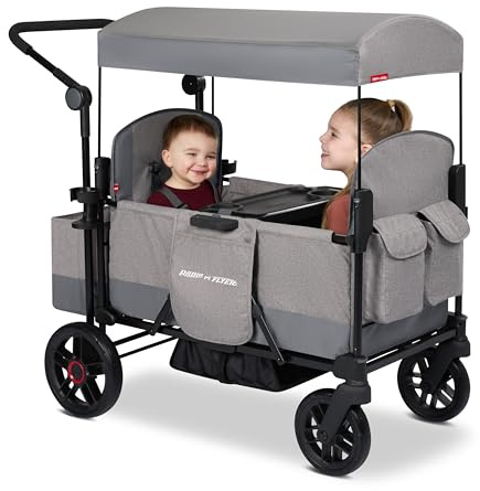 Radio Flyer Pathfinder 2-Seat Stroller Wagon, for Kids 6+ Months, Compact Fold, UV Canopy, Snack Tray & Storage, Cup Holders, All-Terrain Tires, Seats Convert to Flatbed, Stroller Wagon for Kids