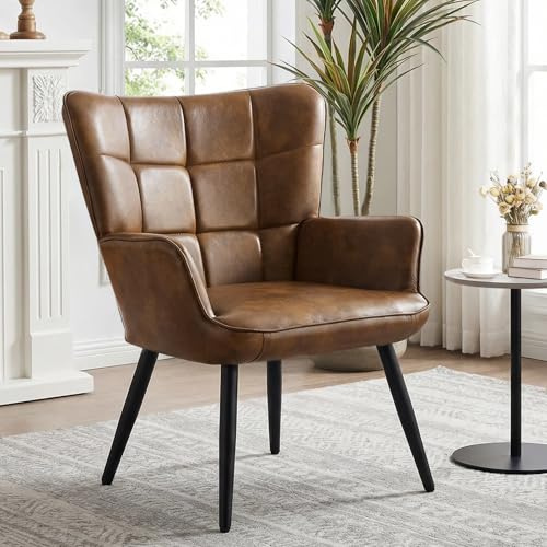 Ckaff Ohrensessel Sessel Wohnzimmer, Skandinavischer Stil Ohrensessel aus PU-Kunstleder, Schminktisch Stuhl Esszimmerstuhl, Loungesessel Polstersessel fürs Wohnzimmer Schlafzimmer, Braun