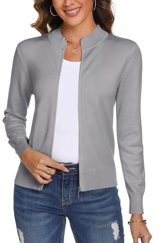 NB Stickad cardigan med dragkedja för damer långärmad ribbad mockneck jacka sweatshirt ledig öppen framsida stickad tröja ytterkläder, Ljusgrå, L